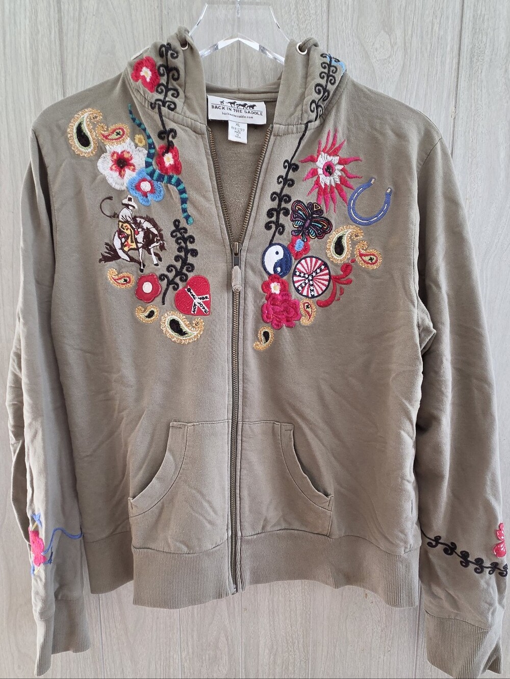 Back In The Saddle Embriodered Floral Olive Green Hoodie Sweatshirt Top